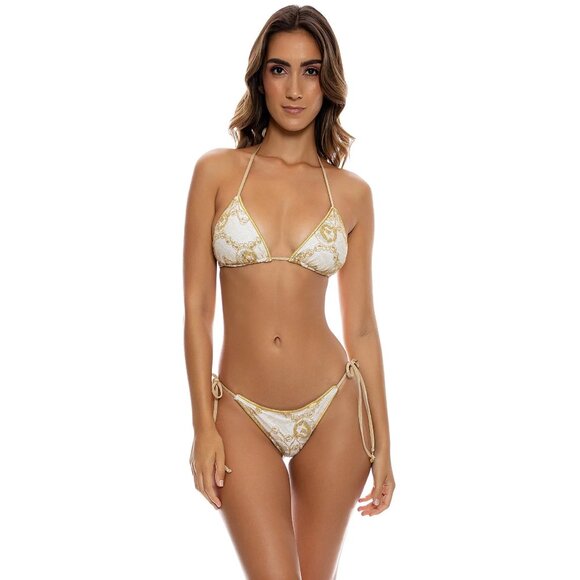 Luli Fama Triangle Top & Ruched Tie Side Bottoms Bikini in Gold - Picture 2 of 5